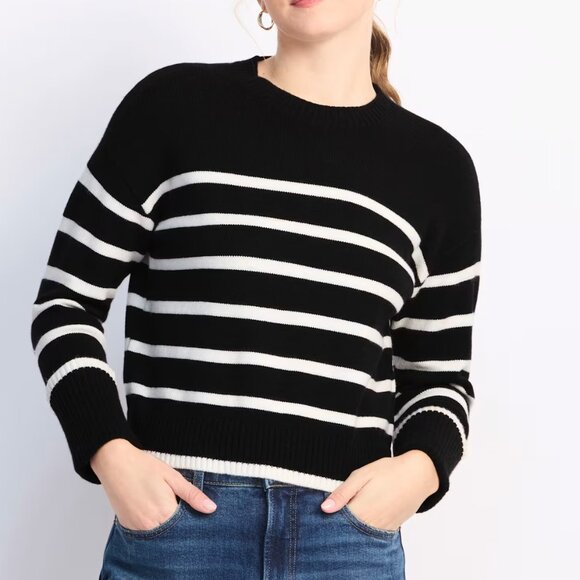 NWT VIGOSS Danielle Crewneck Sweater Black White Stripe Cuffed Sleeve Soft Knit - Picture 1 of 8